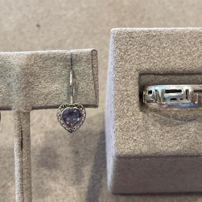 Purple Heart Sterling earrings with Aztec style sterling ring