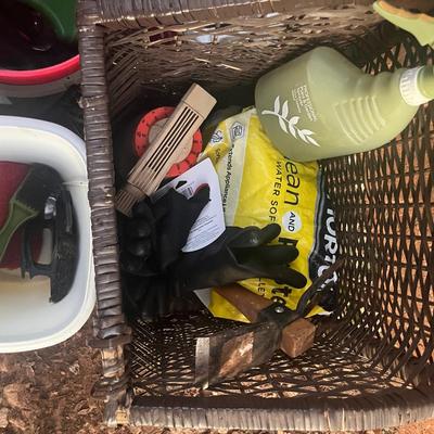 Sale Photo Thumbnail #296: Wicker basket with attached lid full of various gardening tools, gloves, chemicals, pots and more