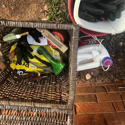 Sale Photo Thumbnail #298: Wicker basket with attached lid full of various gardening tools, gloves, chemicals, pots and more