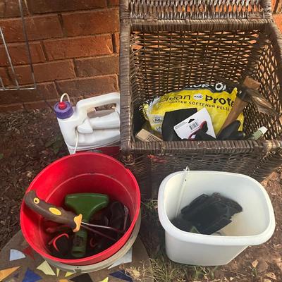 Sale Photo Thumbnail #295: Wicker basket with attached lid full of various gardening tools, gloves, chemicals, pots and more
