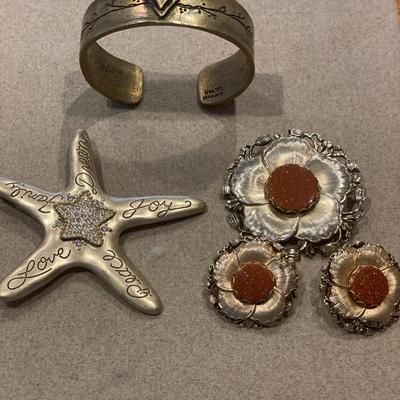 Lisa Leonard designs bracelet with Chicos pin and vintage pin and earrings set