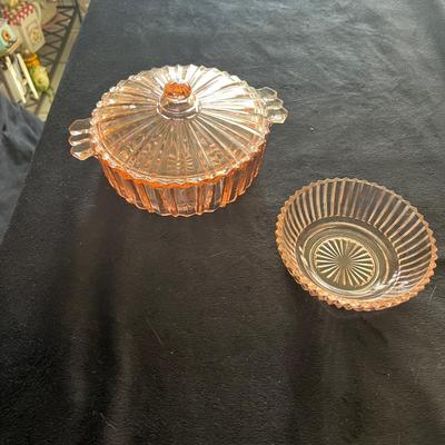 Sale Photo Thumbnail #351: Pink depression glass bowl with lid and smaller dish
