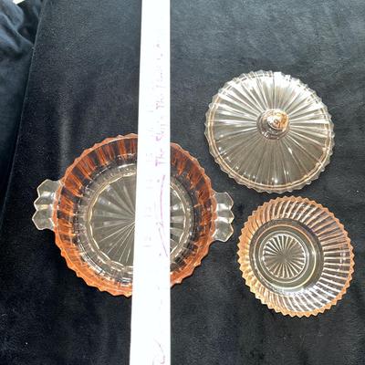 Sale Photo Thumbnail #354: Pink depression glass bowl with lid and smaller dish