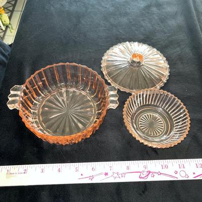 Sale Photo Thumbnail #353: Pink depression glass bowl with lid and smaller dish