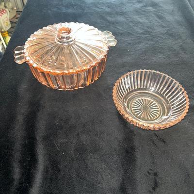 Sale Photo Thumbnail #352: Pink depression glass bowl with lid and smaller dish