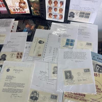 Lot 30 Princess Diana & Obama stamps, and Kennedy memorabilia