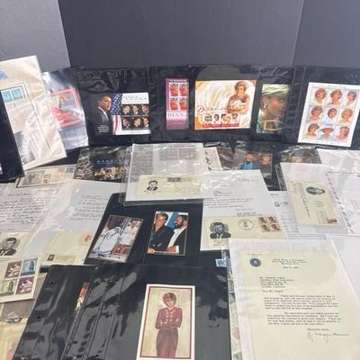 Lot 30 Princess Diana & Obama stamps, and Kennedy memorabilia