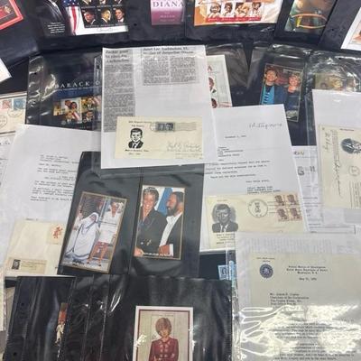 Lot 30 Princess Diana & Obama stamps, and Kennedy memorabilia