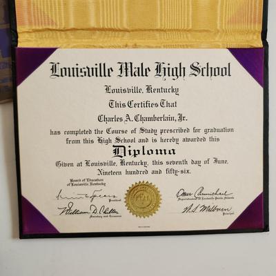 Sale Photo Thumbnail #352: This auction lot is for a gathering of Louisville's Male High Memories.  This gathering includes a 1959 Yearbook, two graduation invites, a diploma, a student handbook a Male label pin, a bank emblem and a list of graduates.  If you collect Louisville, KY