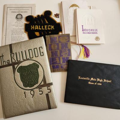 Sale Photo Thumbnail #350: This auction lot is for a gathering of Louisville's Male High Memories.  This gathering includes a 1959 Yearbook, two graduation invites, a diploma, a student handbook a Male label pin, a bank emblem and a list of graduates.  If you collect Louisville, KY