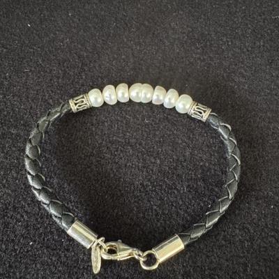 Sterling Silver .925, Pearl, leather Bracelet