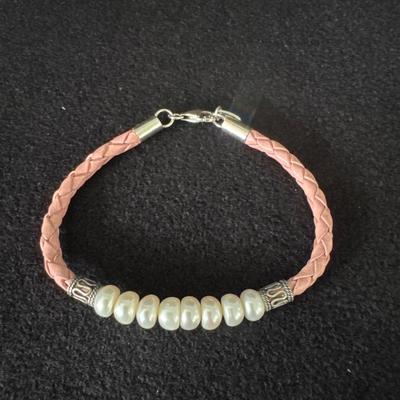 Sterling Silver .925, Pearl, Pink leather Bracelet