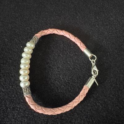 Sterling Silver .925, Pearl, Pink leather Bracelet