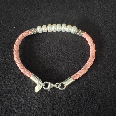 Sterling Silver .925, Pearl, Pink leather Bracelet