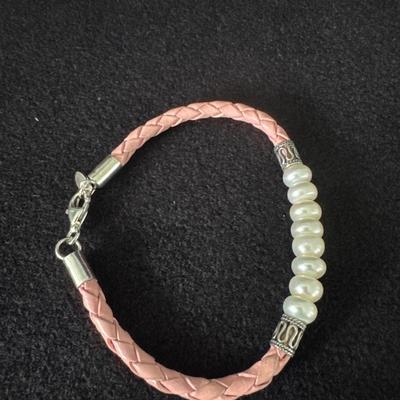 Sterling Silver .925, Pearl, Pink leather Bracelet