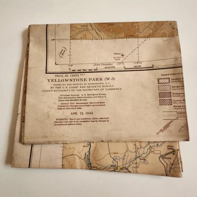 Sale Photo Thumbnail #433: This auction lot is for a Vintage Restricted Aeronautical Chart of Yellowstone National Park.  This large map is dated April 13, 1944 and gives indication of special war lighting restrictions.  Measures about 24X40-inches.  In nice condition for its age.