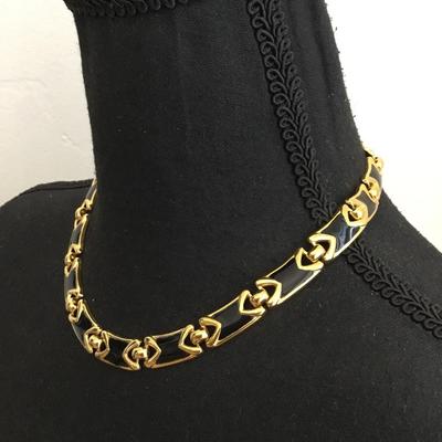 Beautiful, vintage, gold, toned, black enamel collar necklace