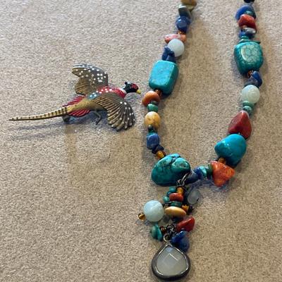 Hand painted pheasant pen with variety of stone necklace