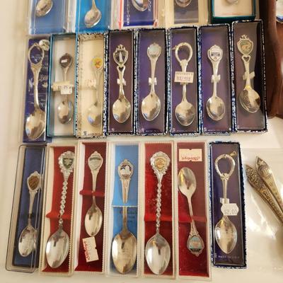 Sale Photo Thumbnail #485: This auction lot is for the Souvenir Spoon Collection with Wood Display.  From an estate this is the collection as found.  It contains 45 spoons, many still in the box. From travels all over - ready use or resell, bid high and bid often.