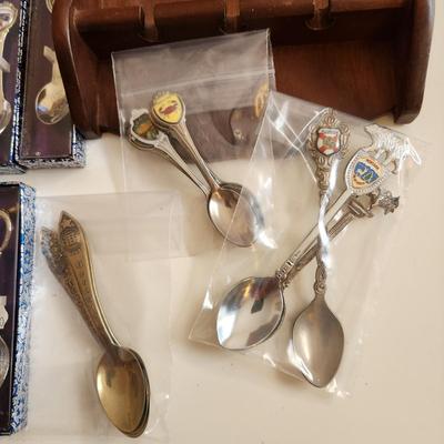Sale Photo Thumbnail #483: This auction lot is for the Souvenir Spoon Collection with Wood Display.  From an estate this is the collection as found.  It contains 45 spoons, many still in the box. From travels all over - ready use or resell, bid high and bid often.