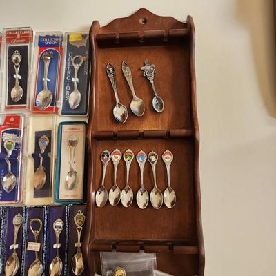 Sale Photo Thumbnail #482: This auction lot is for the Souvenir Spoon Collection with Wood Display.  From an estate this is the collection as found.  It contains 45 spoons, many still in the box. From travels all over - ready use or resell, bid high and bid often.
