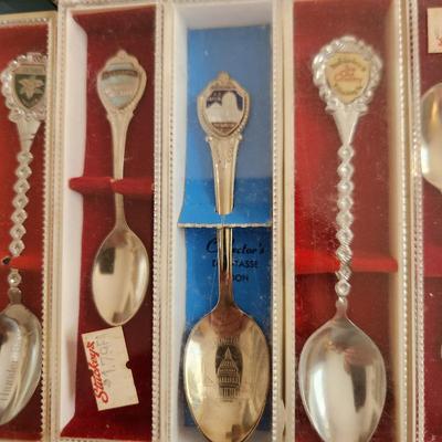 Sale Photo Thumbnail #491: This auction lot is for the Souvenir Spoon Collection with Wood Display.  From an estate this is the collection as found.  It contains 45 spoons, many still in the box. From travels all over - ready use or resell, bid high and bid often.