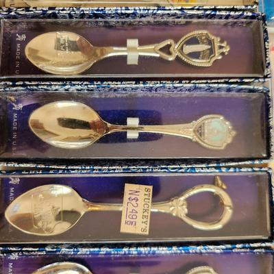 Sale Photo Thumbnail #490: This auction lot is for the Souvenir Spoon Collection with Wood Display.  From an estate this is the collection as found.  It contains 45 spoons, many still in the box. From travels all over - ready use or resell, bid high and bid often.