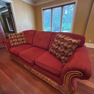 Ornate Wood Framed Red Sofa