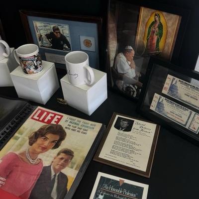Lot 184 variety of Kennedy Memorabilia binder with life magazines, 3 cups, pope picture and kennedy pictures and ligther