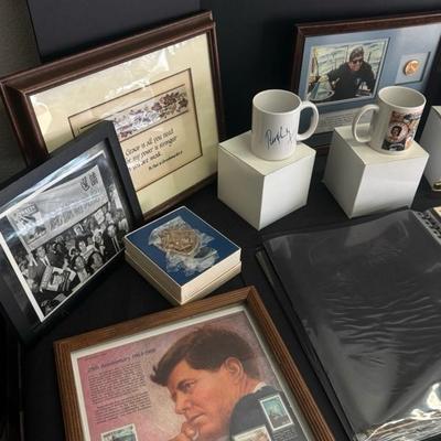 Lot 184 variety of Kennedy Memorabilia binder with life magazines, 3 cups, pope picture and kennedy pictures and ligther