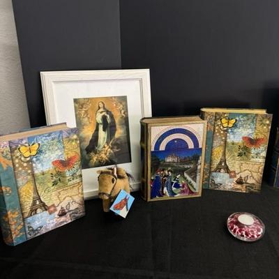 Lot 185 5 home decorative storage boxes, one glass paper weight and one religious picture and 1 horse