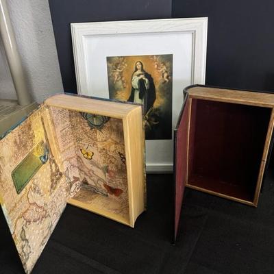 Lot 185 5 home decorative storage boxes, one glass paper weight and one religious picture and 1 horse