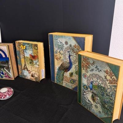 Lot 185 5 home decorative storage boxes, one glass paper weight and one religious picture and 1 horse