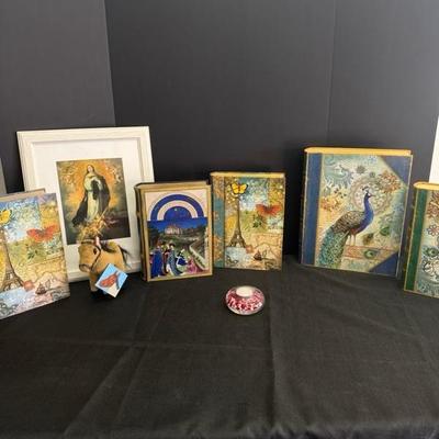 Lot 185 5 home decorative storage boxes, one glass paper weight and one religious picture and 1 horse