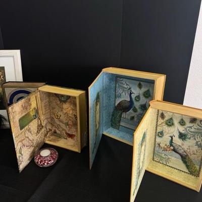 Lot 185 5 home decorative storage boxes, one glass paper weight and one religious picture and 1 horse