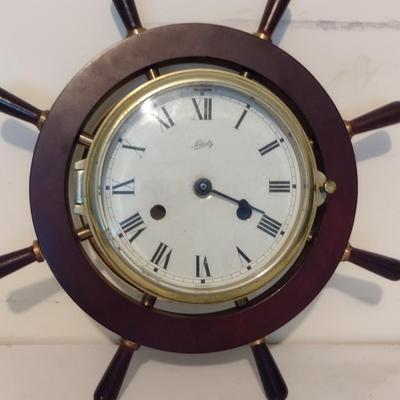 Battery Operated Schatz Wood and Brass Case Ship's Clock- Approx 12 1/2" in Diameter