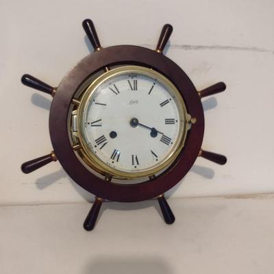 Battery Operated Schatz Wood and Brass Case Ship's Clock- Approx 12 1/2" in Diameter