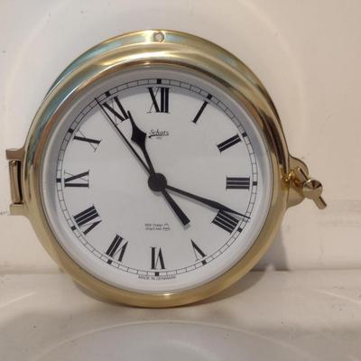 Danish Battery Operated Schatz Metal Case Ship's Clock- Approx 5 1/2" in Diameter