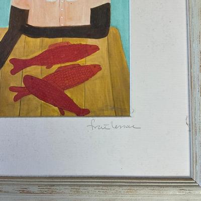 HZ296 Original Folk Art of Woman With Fish signed Frané Lessac and Shelf Figures
