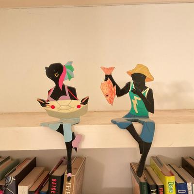 HZ296 Original Folk Art of Woman With Fish signed Frané Lessac and Shelf Figures