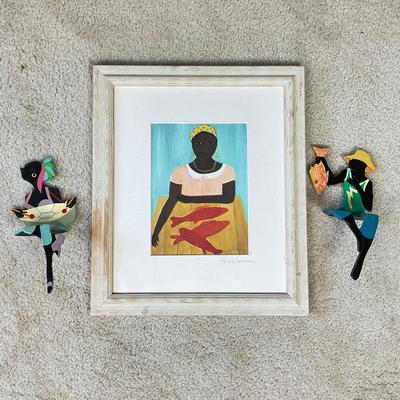 HZ296 Original Folk Art of Woman With Fish signed Frané Lessac and Shelf Figures