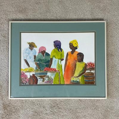 HZ 298 Original Watercolor of Adults & Children At Fruit Stand