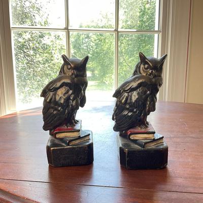 M299 Antique Bronze Clad Owls On Books Bookends