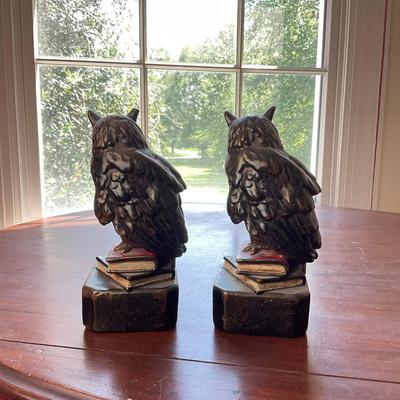 M299 Antique Bronze Clad Owls On Books Bookends