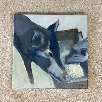 HZ301 Original Oil On Canvas By D. Lapp "Mom and Baby Pig" In Blue