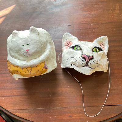 HZ302 Handmade Paper- Mache Cat Masque Mask and Tissue Box