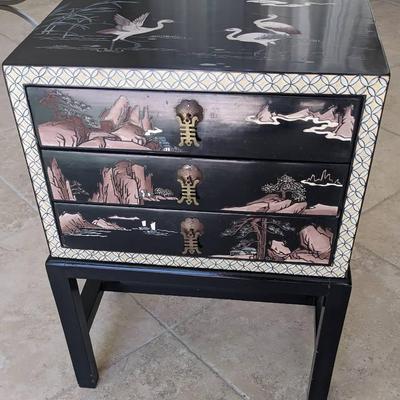 Japanese Laquer 3-drawer Cabinet On Black Stand W/Hand-painted Japanese Scenes