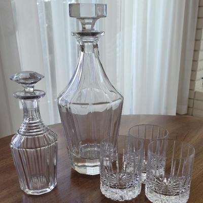 Crystal Whiskey Decanter, Crystal Villeroy & Boch Decanter, and 3 Crystal Glasses