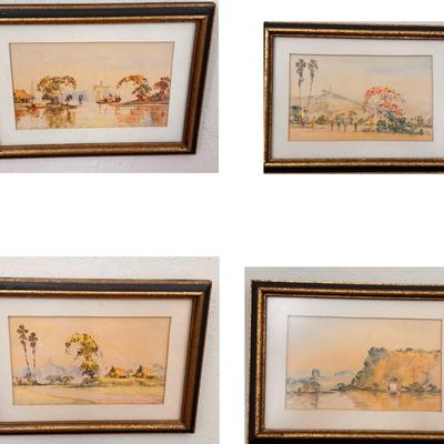 4 Framed water color painting featuring a landscape w/water, boats, People & Huts