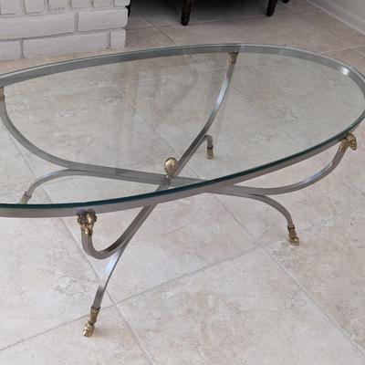 Steel & Brass Ram Heads Oval Coffee Table with Beveled Glass (Made In Italy) 52"L x 23"W